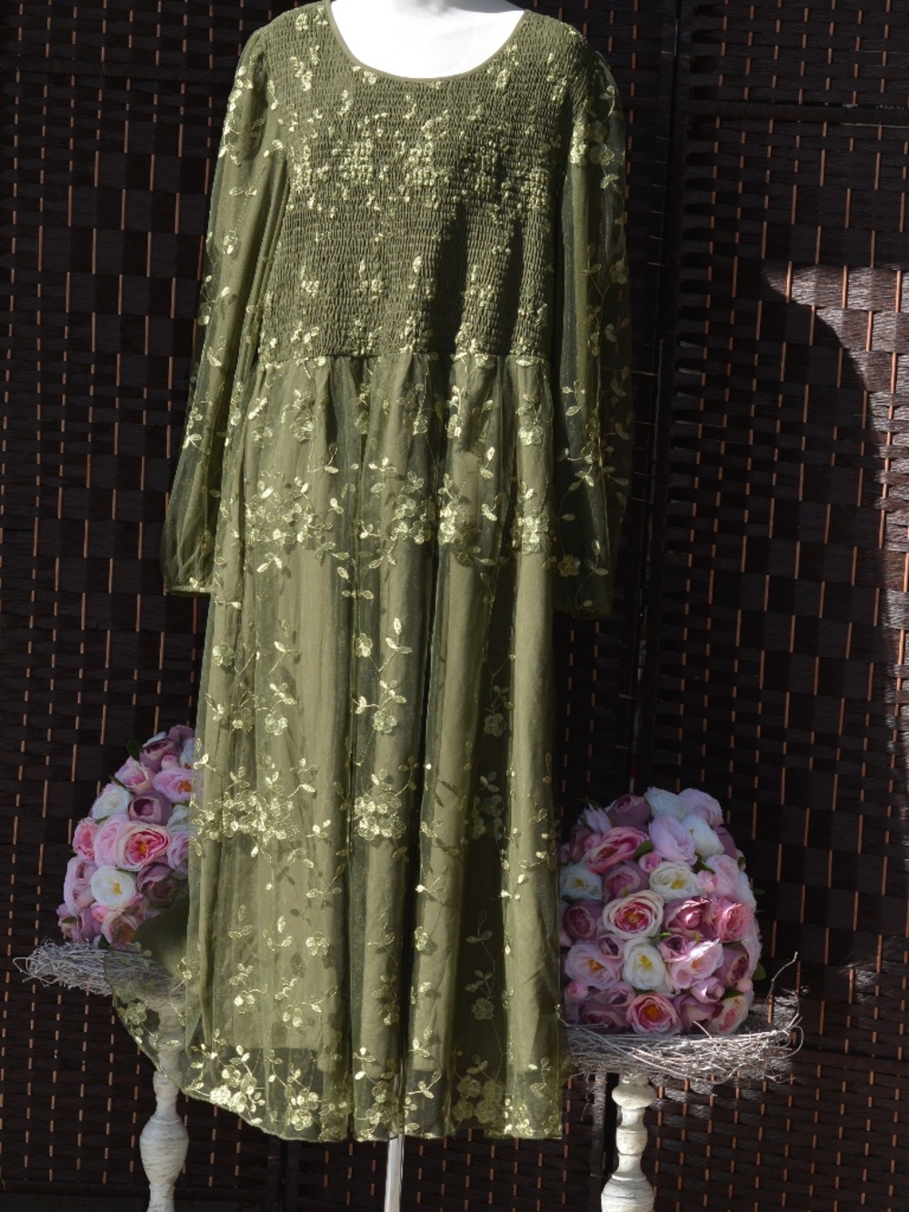 Embroidered Netting Long sleeves Green Dress NWT